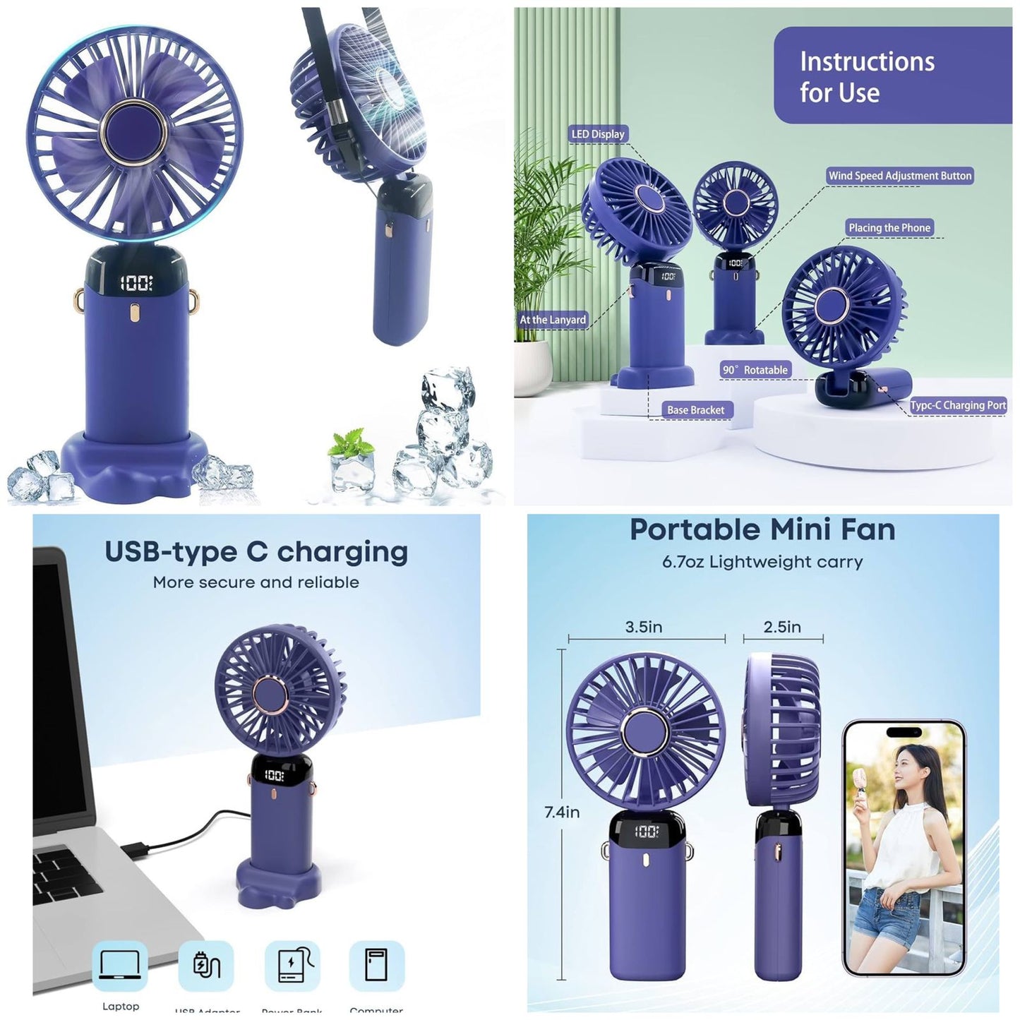 Digital Display Portable Mini Fan 5-in-1 USB-C Rechargeable